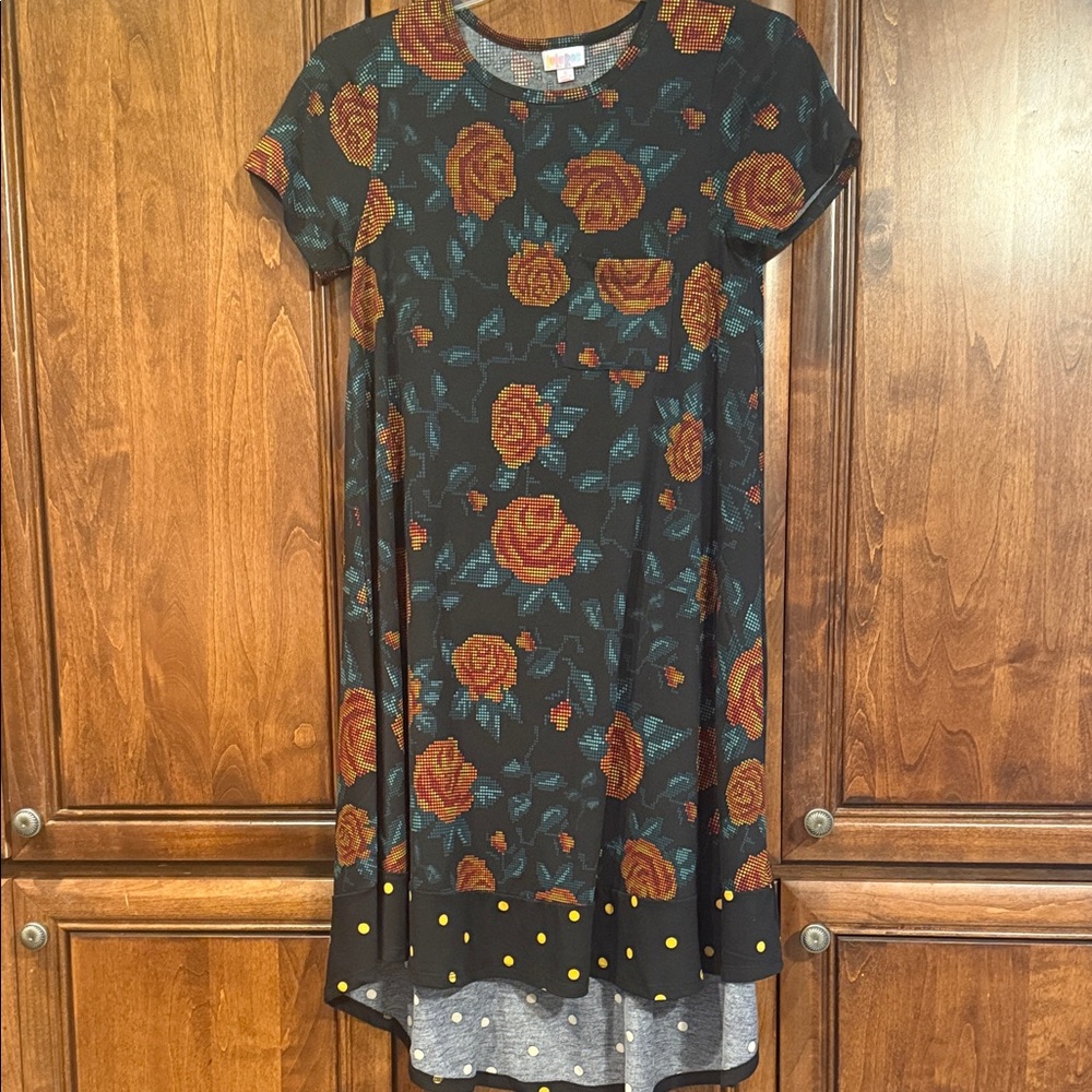 LuLaRoe Carly Dress with Black and Orange Rose Floral Design